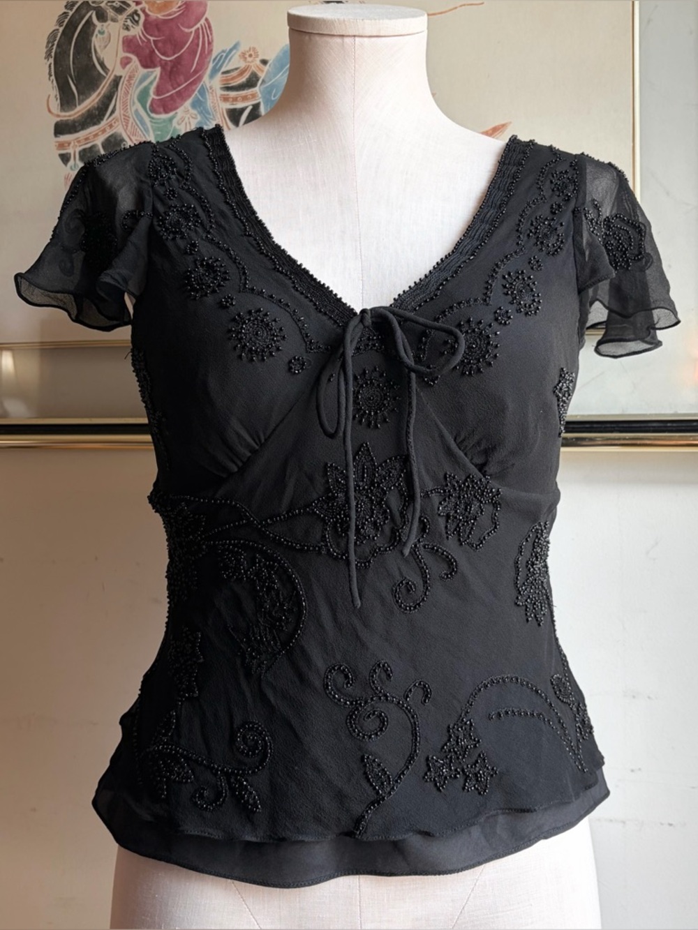 Vintage 90s Pappel Boutique Black Silk Beaded Flutter Sleeve Formal Goth Blouse